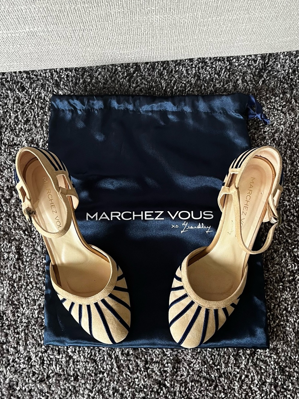 Marchez Vous Beige and Navy Ankle-Strap Pumps